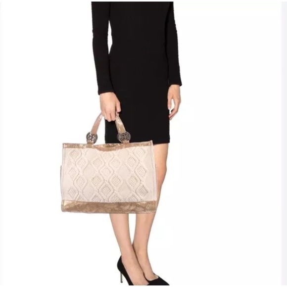 TORY BURCH Tote Bag Cable Knit METALLIC GOLD TRIM Wool Silk Lining Horse READ! - Picture 1 of 16